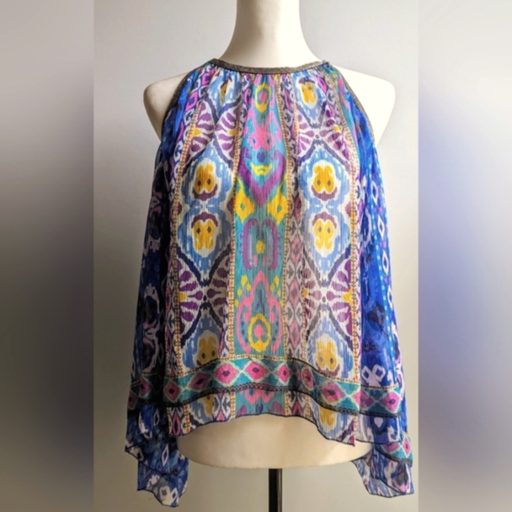 NWT... Zara Boho Blue/Multi Color Asymmetrical Halter Top Size XL